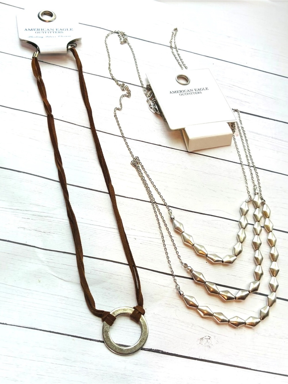 NWT American Eagle Outfitters Brown Suede Silver Multi-Strand Long Necklace Lot